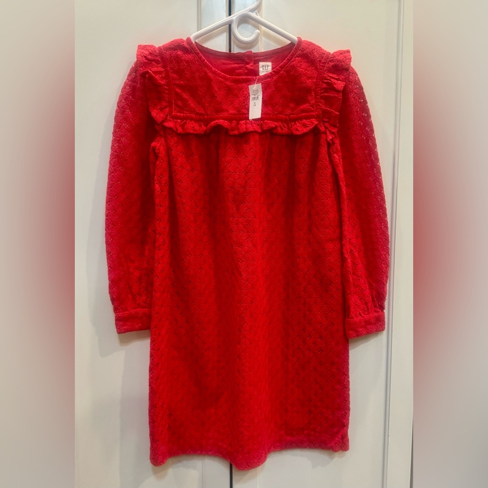 GAP Kids Red Lace Long Sleeve Dress with Velvet Trim on Collar - Size XL Girls
